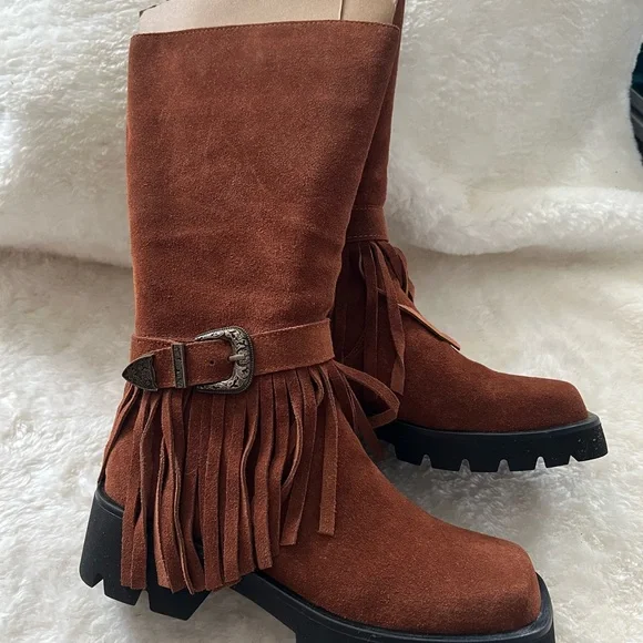 Fringe Suede Boots - Brown - Picture 2 of 11